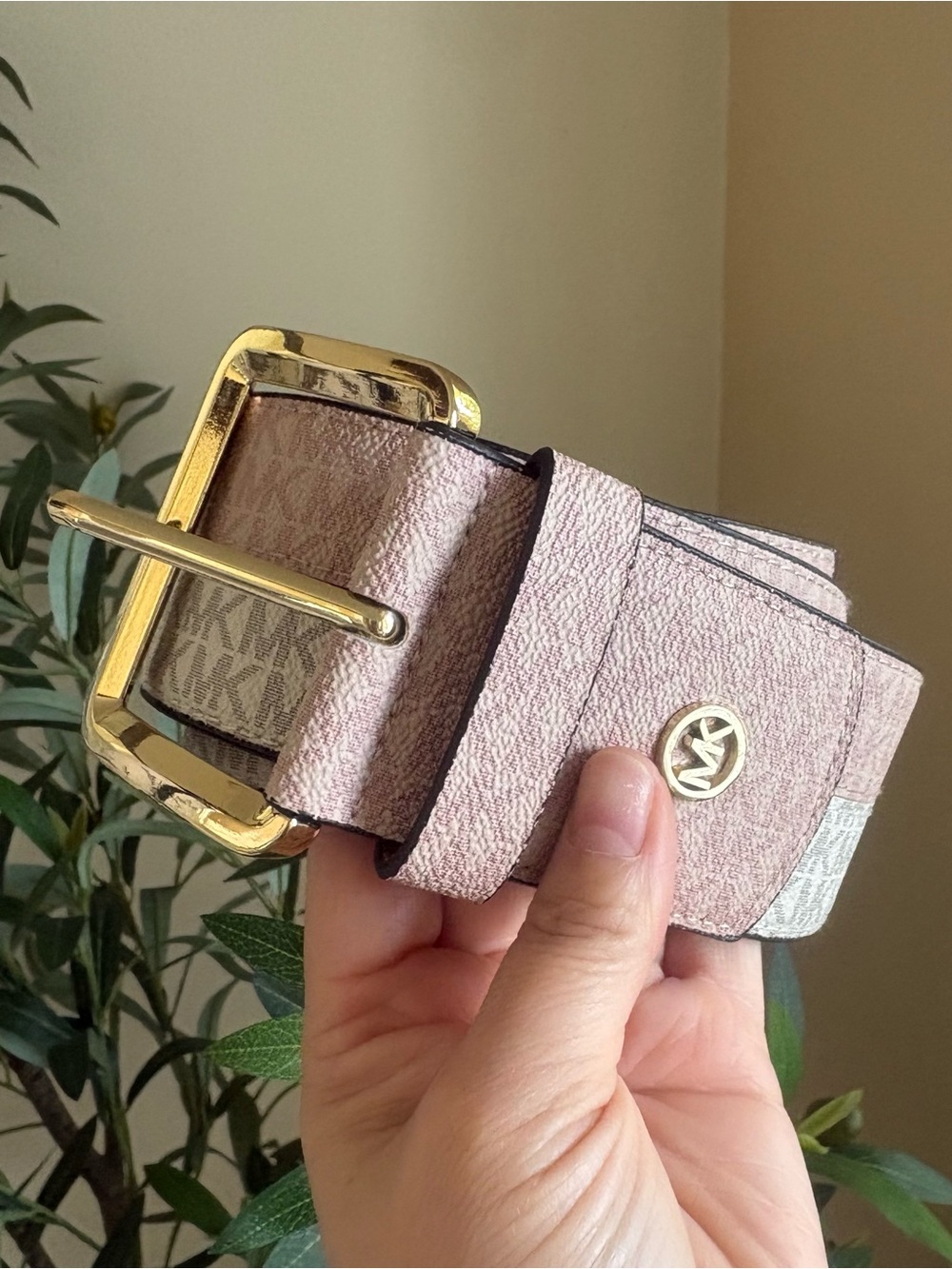 Michael Kors Blush Pink Logo Jacquard Belt with Gold Buckle